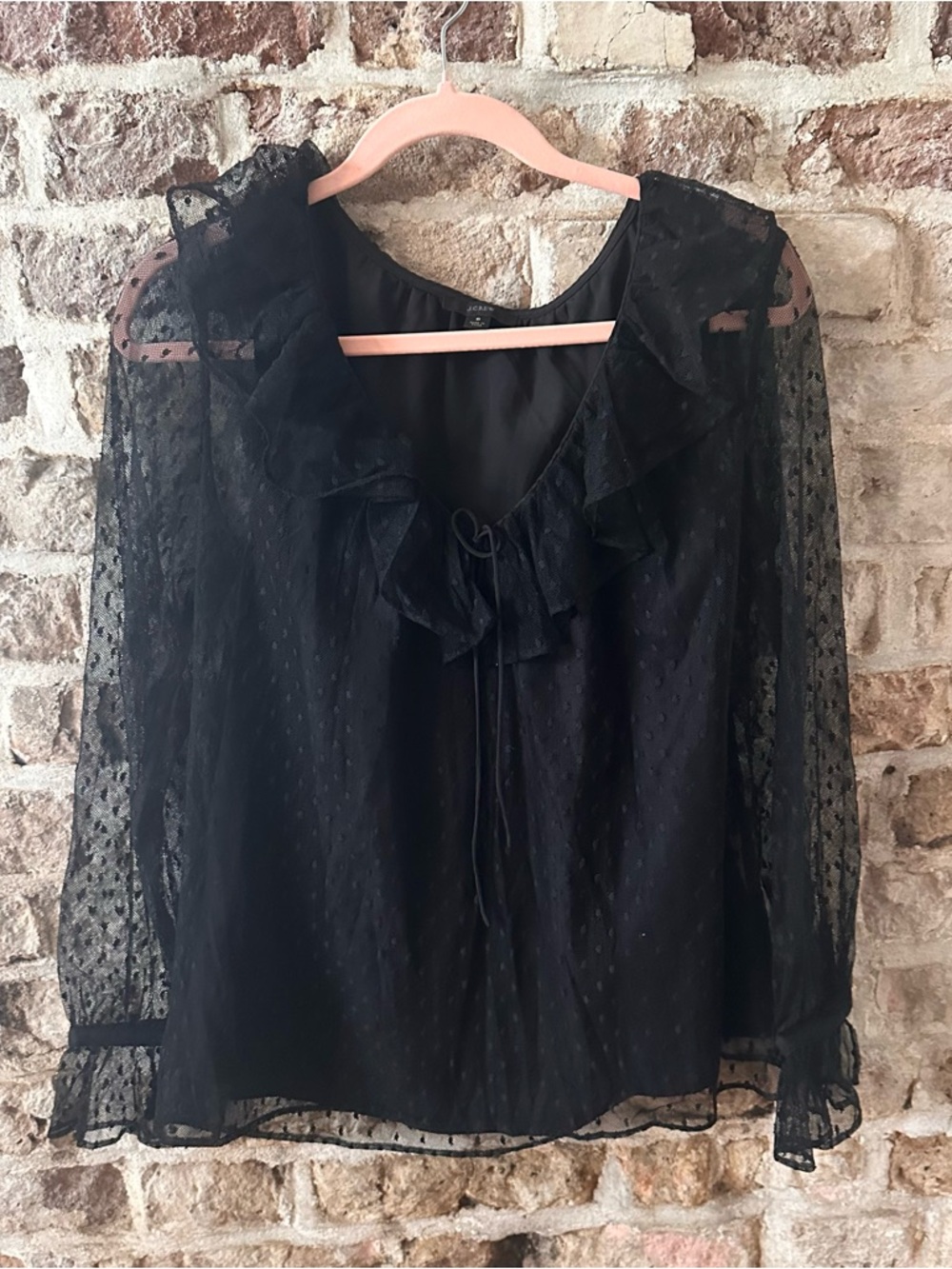 J. Crew Black Sheer Ruffle Tie-Neck Blouse
